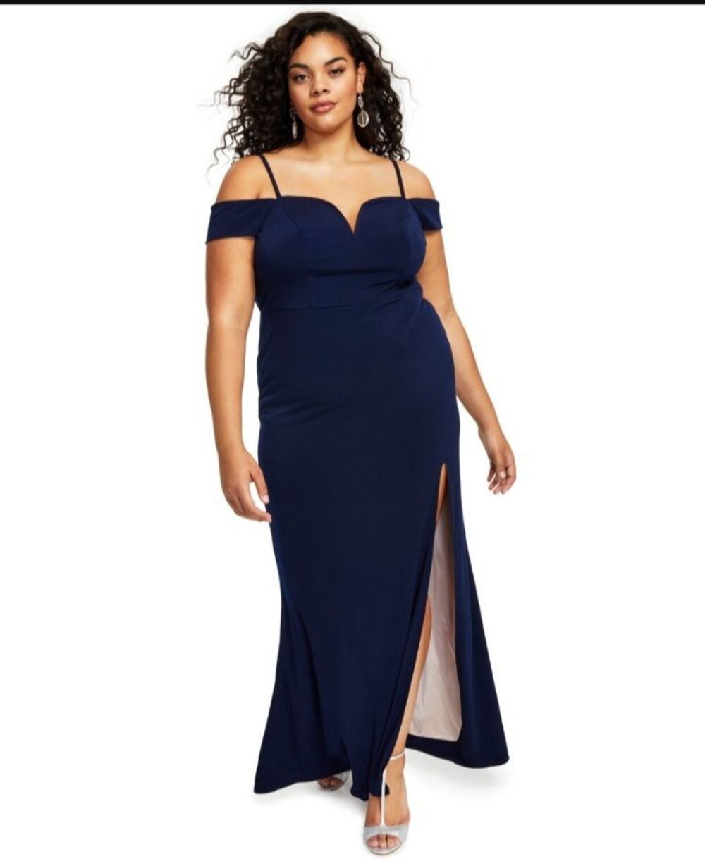 City Studio Womens Sz 16W Off-The-Shoulder High Slit Dress Gown Blue Sweetheart